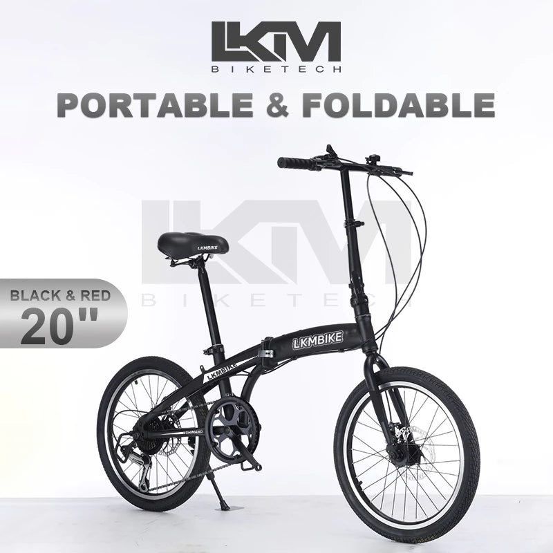 LKM UrbanFold Elite 20" 7 Speed Foldable Adult Bike - Lightweight Portable Commuter in Black & Silver